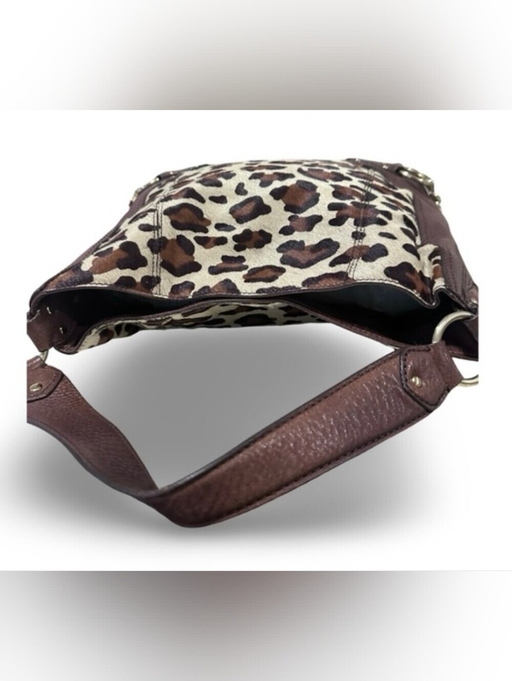 Michael Kors Leopard Print Calf Hair Hobo Bag Brown Leather Shoulder Purse - Picture 6 of 10